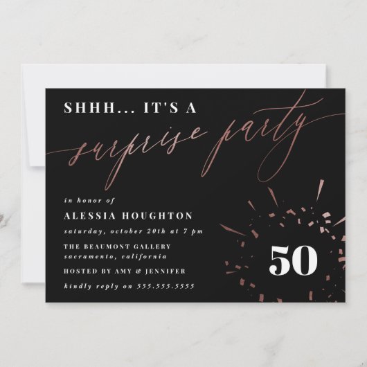 Invitation Black & Rose Gold Script Surprise Party (Devant)