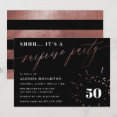 Invitation Black & Rose Gold Script Surprise Party (Devant / Derrière)