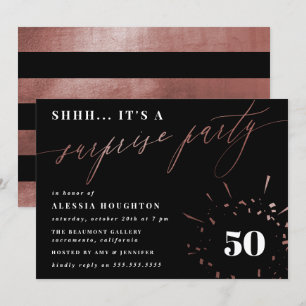 Invitation Black & Rose Gold Script Surprise Party