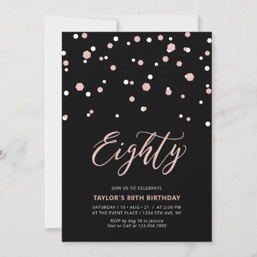 Invitation Black Rose Gold Simple 80th Birthday Party (Devant)