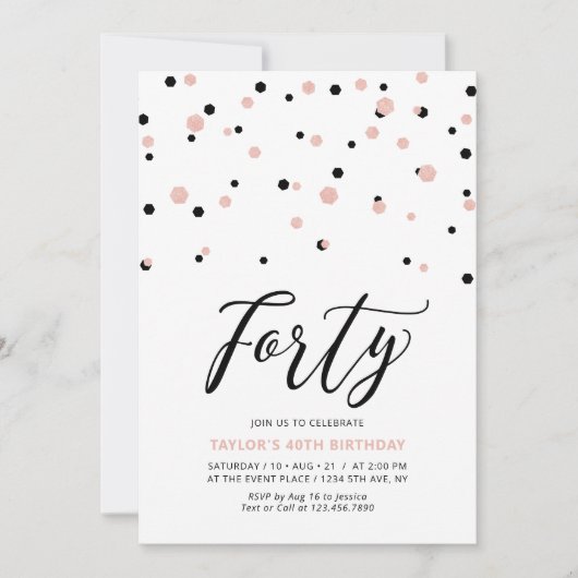 Invitation Black Rose Gold Simple Quarante 40e fête d'anniver (Devant)