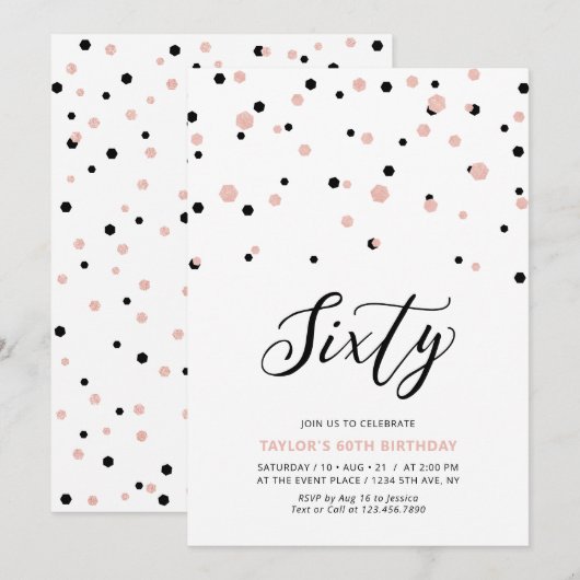 Invitation Black & Rose Gold Simple Soixante 60e fête d'anniv (Devant / Derrière)