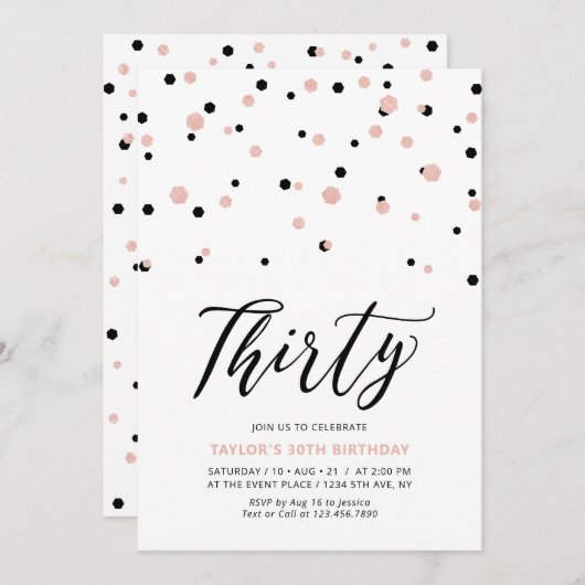 Invitation Black Rose Gold Simple Trente fête d'anniversaire (Devant / Derrière)