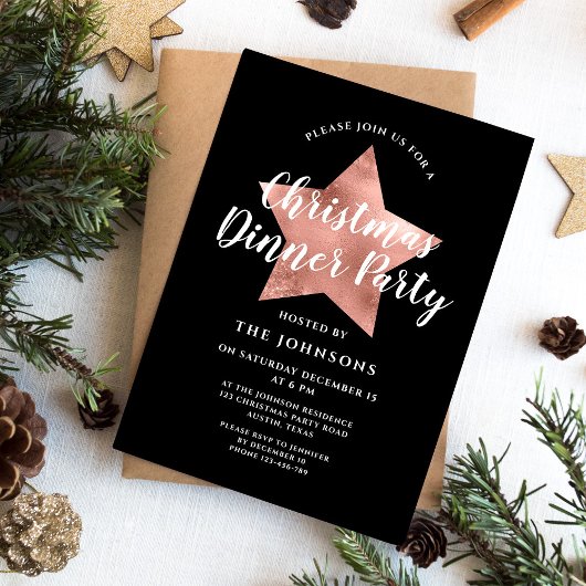 Invitation Black Rose Gold Star Dinner Party