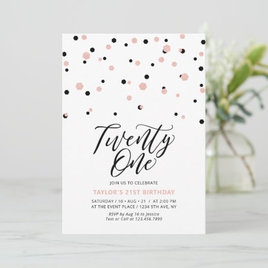 Invitation Black & Rose Gold Vingt et un fête d'anniversaire (Debout devant)