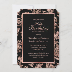 Invitation Black Rose Gold Vintage Floral 90e anniversaire