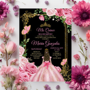 Invitation Black Rose Mis Quince 15 Anos Butterfly Gold Crown