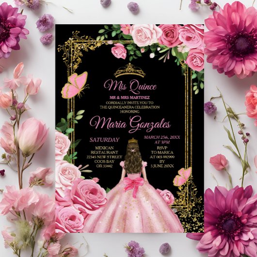 Invitation Black Rose Mis Quince 15 Anos Butterfly Gold Crown
