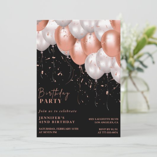 Invitation Black Rose or Ballons 42e anniversaire (Debout devant)