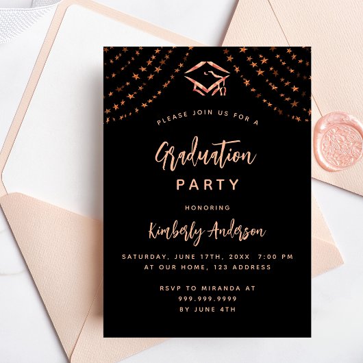 Invitation Black rose or étoiles fête de graduation de luxe