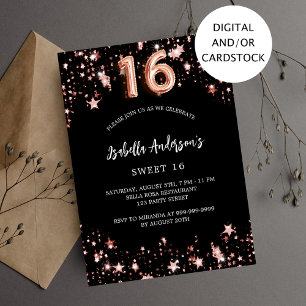 Invitation Black rose or étoiles Sweet 16