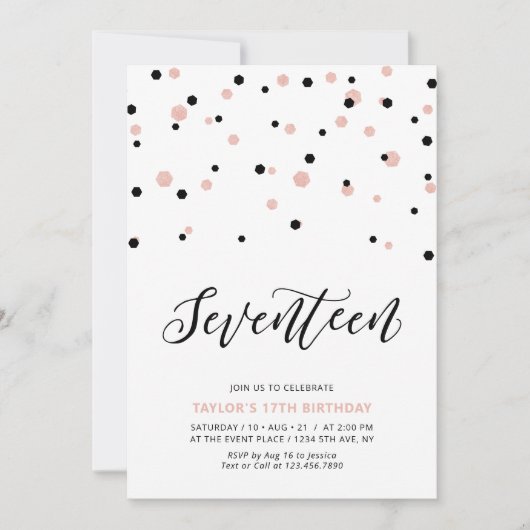 Invitation Black & Rose or Fille 17e fête d'anniversaire Ado (Devant)