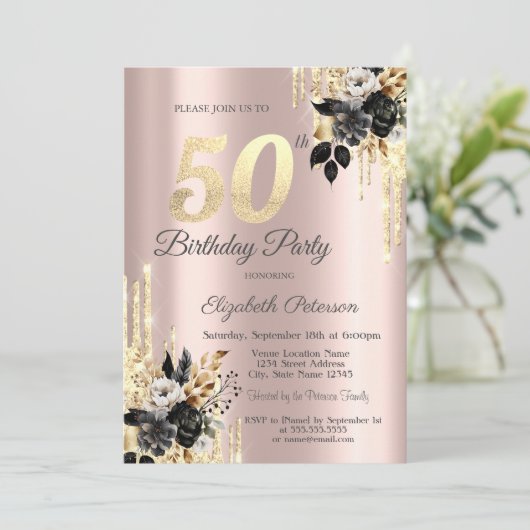 Invitation Black Rose Parties scintillant Drips Rose Gold 50e (Debout devant)