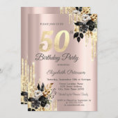 Invitation Black Rose Parties scintillant Drips Rose Gold 50e (Devant / Derrière)