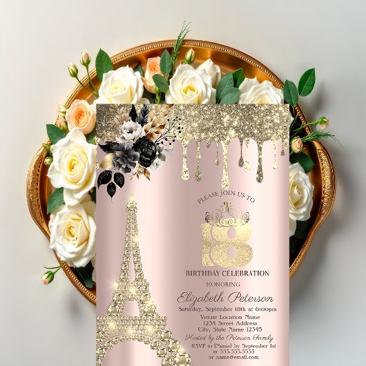 Invitation Black Rose Tour Eiffel Roulettes d'or Sweet 18
