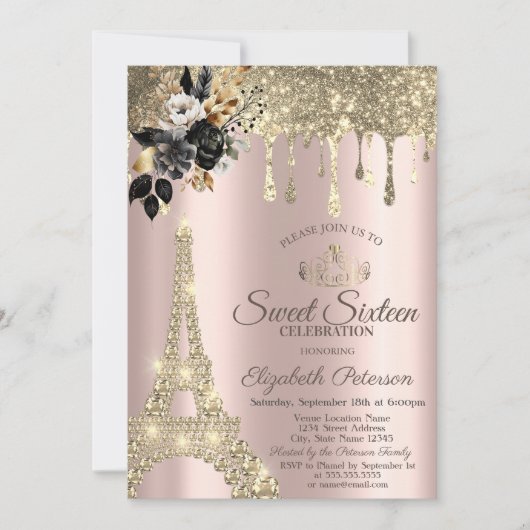 Invitation Black Rose Tour Eiffel Roulettes en or Sweet 16 (Devant)