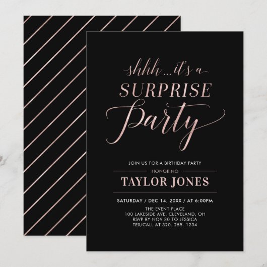 Invitation Black & Rosegold | Fête d'anniversaire surprise mo (Devant / Derrière)