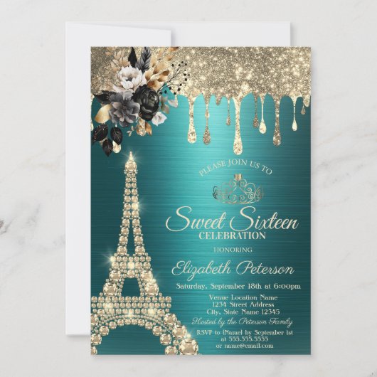 Invitation Black Roses Eiffel Tower Gold Drips Green Sweet 16 (Devant)