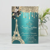 Invitation Black Roses Eiffel Tower Gold Drips Green Sweet 16 (Debout devant)