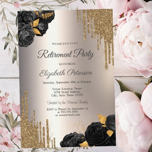 Invitation Black Roses Glitter Drips Ivory Retirement Party