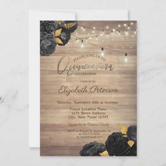 Invitation Black Roses,String Lights,Wood Texture Quinceañera (Devant)