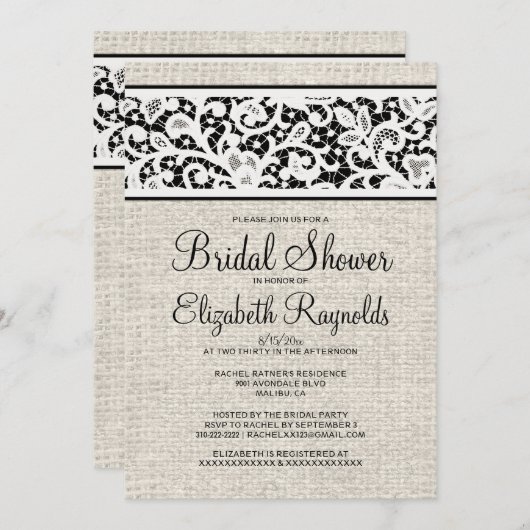 Invitation Black Rustic Burlap Linge Douche nuptiale Invitati (Devant / Derrière)