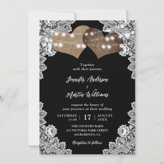 Invitation Black Rustic Pays Dentelle Mariage (Devant)