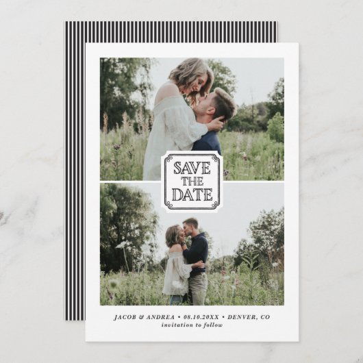 Invitation Black Rustic Two Photo Save the Date Annonce (Devant / Derrière)