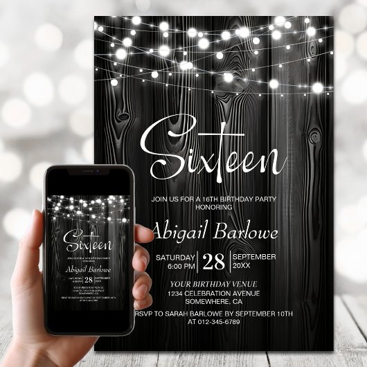 Invitation Black Rustic Wood 16e fête d'anniversaire