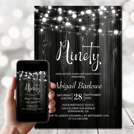 Invitation Black Rustic Wood 90e fête d'anniversaire