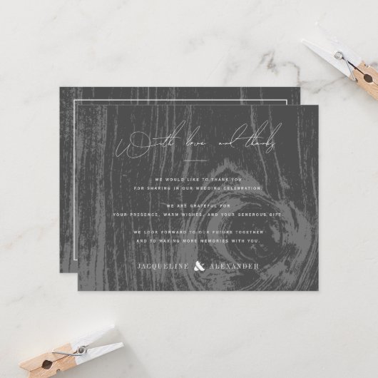 Invitation Black Rustic Woodgrain Merci de mariage hivernal (Devant/Arrière en situation)