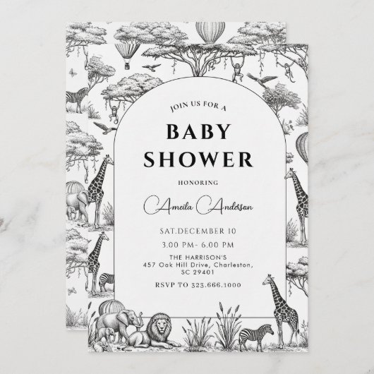 Invitation black Safari Toile De Jouy Boy Baby Shower (Devant / Derrière)