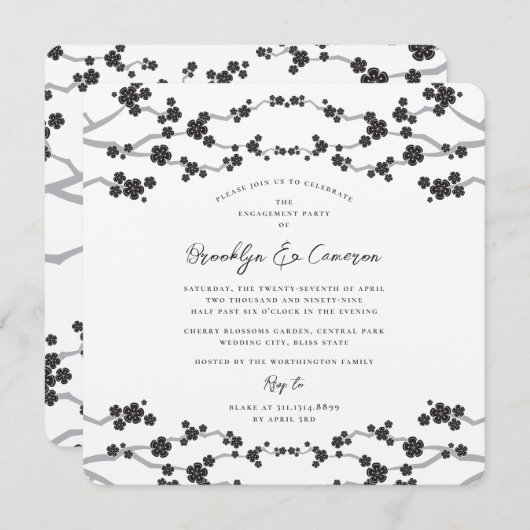 Invitation Black Sakura Cerry Blossoms Classy Mariage asiatiq (Devant / Derrière)