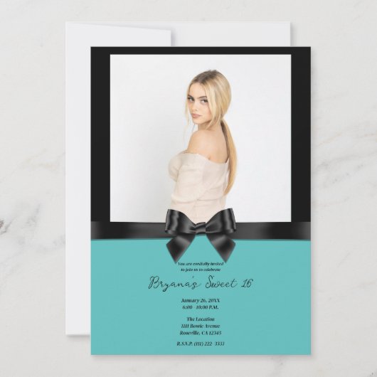 Invitation Black Satin Bow Turquoise Turquoise Photo Sweet 16 (Devant)