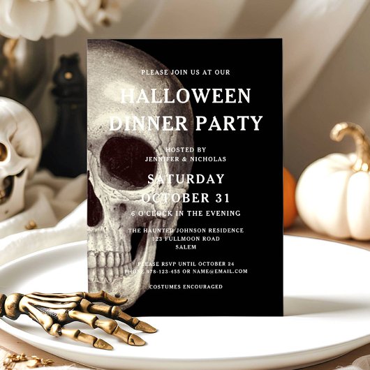 Invitation Black Scull Adult Halloween Dîner fête