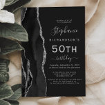 Invitation Black Silver Agate Dark 50th Birthday Party<br><div class="desc">Le bord gauche de cette élégante invitation à la fête d'anniversaire moderne comporte une bordure en aquarelle noire ornée d'une fausse parties scintillant argentée. Le texte personnalisable combine écriture gris argenté, copperplate et polices italiques sur un arrière - plan noir ardoise. L'envers présente un design d'agate noir et argent assorti....</div>