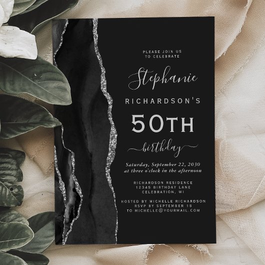 Invitation Black Silver Agate Dark 50th Birthday Party