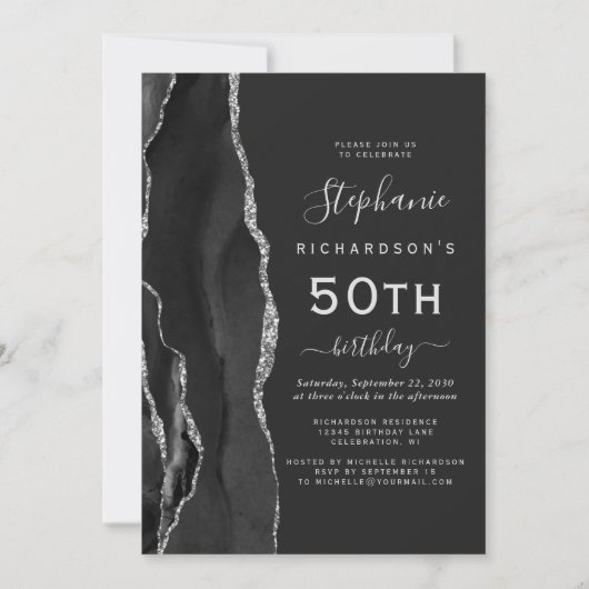 Invitation Black Silver Agate Dark 50th Birthday Party (Devant)