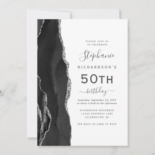 Invitation Black Silver Agate QR Code 50e anniversaire (Devant)