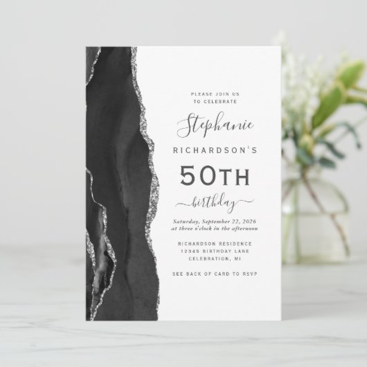Invitation Black Silver Agate QR Code 50e anniversaire (Debout devant)