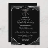 Invitation Black & Silver Agate Soins infirmiers fête de grad (Devant / Derrière)