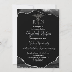 Invitation Black & Silver Agate Soins infirmiers fête de grad