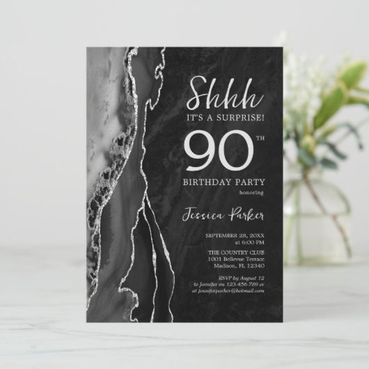 Invitation Black Silver Agate Surprise 90e anniversaire (Debout devant)