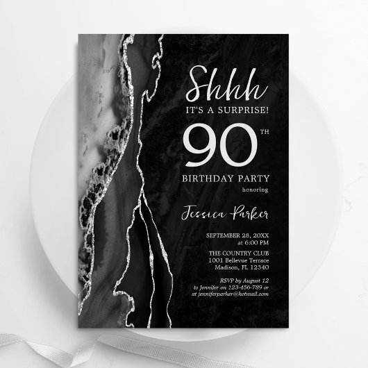 Invitation Black Silver Agate Surprise 90e anniversaire