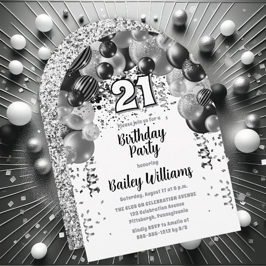 Invitation Black Silver Balloons 21ème anniversaire