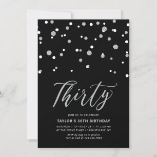 Invitation Black & Silver Confetti Trente fête d'anniversaire