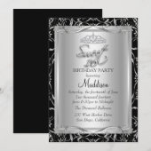 Invitation Black Silver Damask & Tiara Sweet 16 (Devant / Derrière)