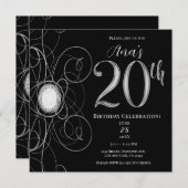 Invitation Black & Silver Diamond 20 20e fête d'anniversaire (Devant / Derrière)