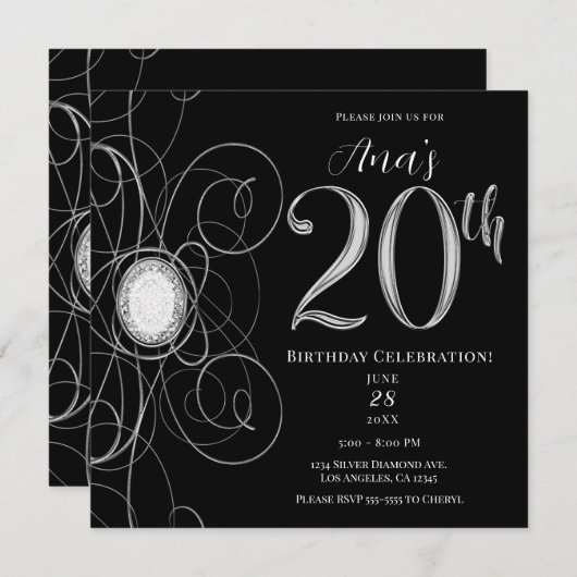 Invitation Black & Silver Diamond 20 20e fête d'anniversaire (Devant / Derrière)