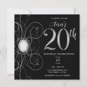 Invitation Black & Silver Diamond 20 20e fête d'anniversaire (Devant)